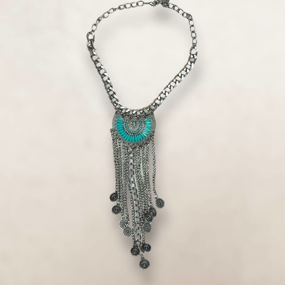 Southwestern Bohemian Bib Statement Necklace Faux Turquoise and Silver-Tone - Picture 6 of 10